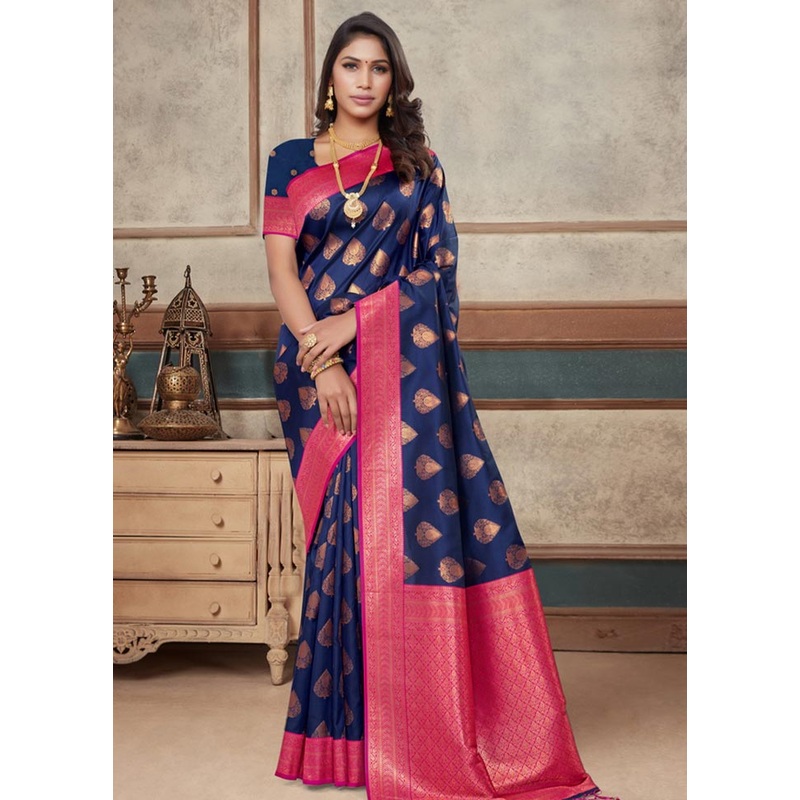 Navy Blue Spun Silk Saree With Blouse Piece - JD986581074