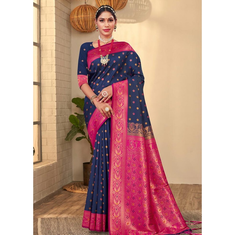 Navy Blue Spun Silk Saree With Blouse Piece - JD986581076
