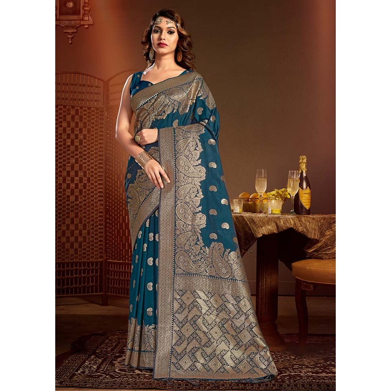 Navy Blue Spun Silk Saree With Blouse Piece - JD986581077