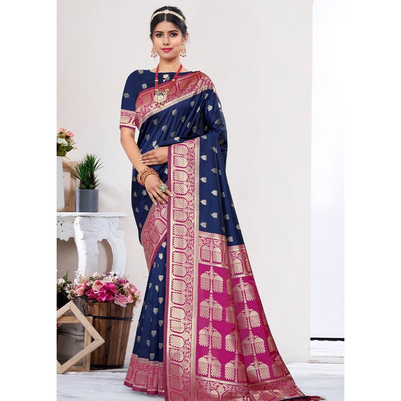 Navy Blue Spun Silk Saree With Blouse Piece - JD986581078