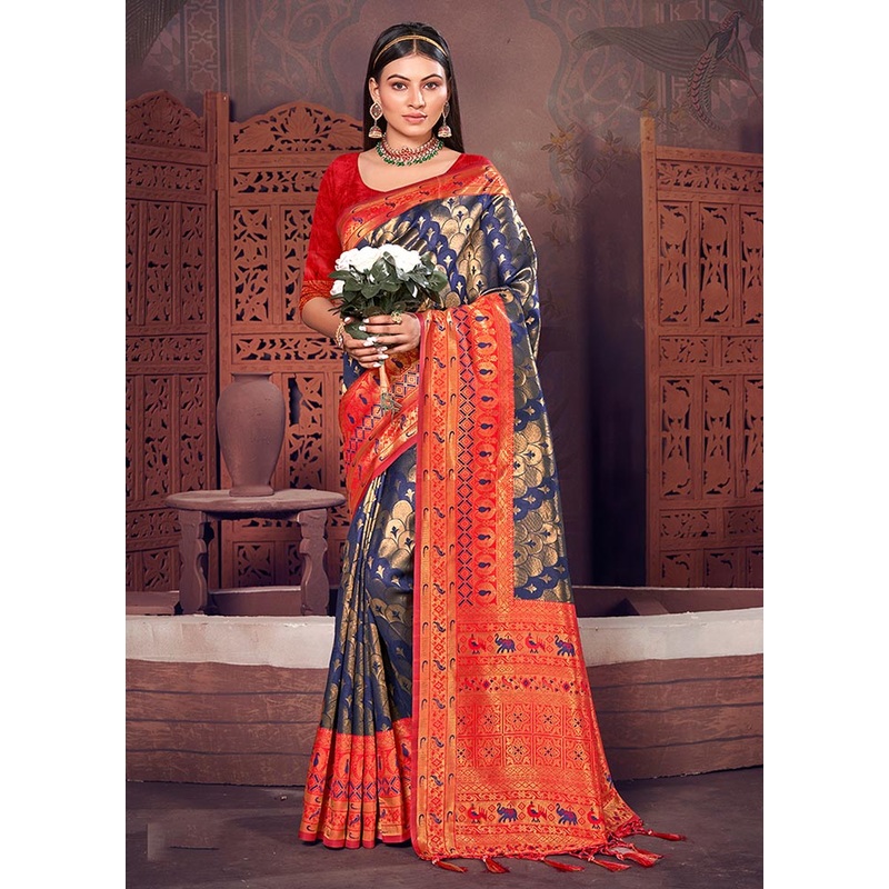 Navy Blue Spun Silk Saree With Blouse Piece - JD986581079