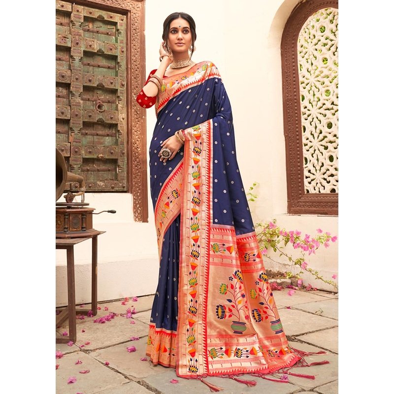 Navy Blue Spun Silk Saree With Blouse Piece - JD986581080