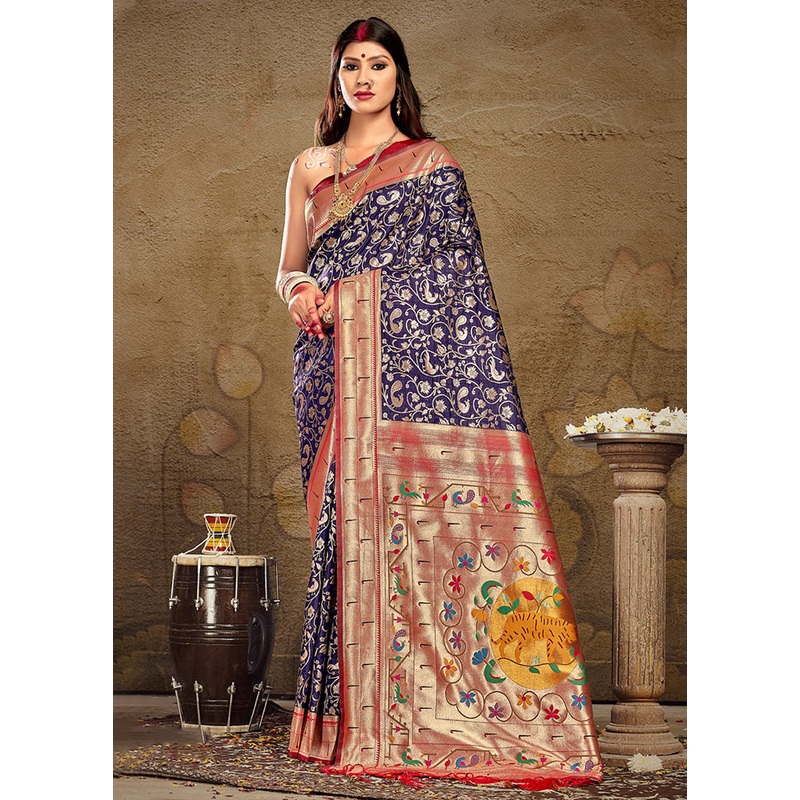Navy Blue Spun Silk Saree With Blouse Piece - JD986581081