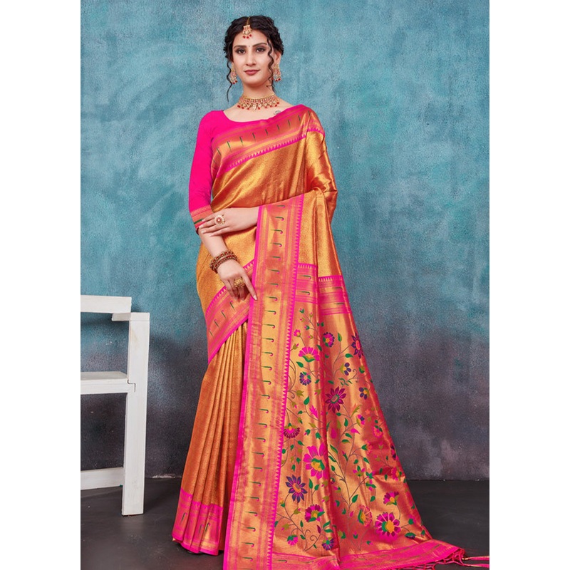 Orange Paithani Silk Saree With Blouse Piece - JD986581089