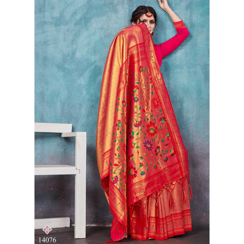 Orange Paithani Silk Saree With Blouse Piece - JD986581136
