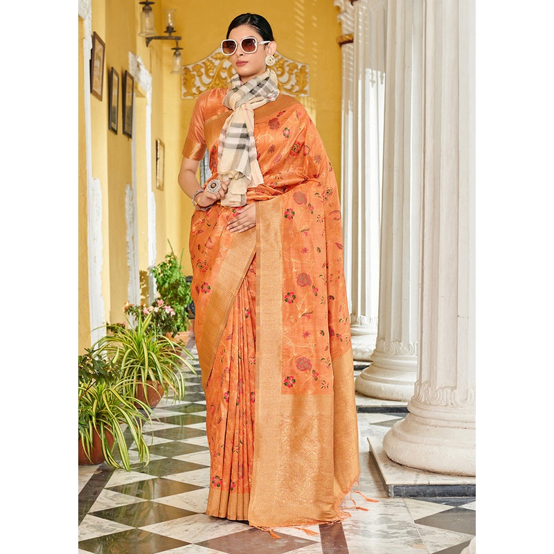 Orange Spun Silk Saree With Blouse Piece - JD986581093