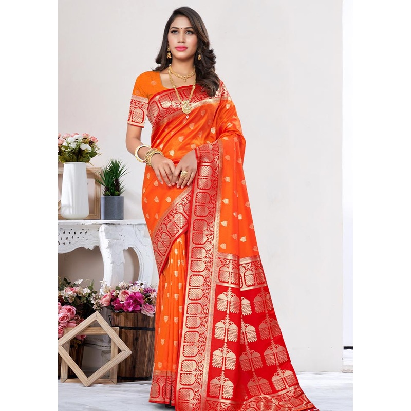 Orange Spun Silk Saree With Blouse Piece - JD986581094