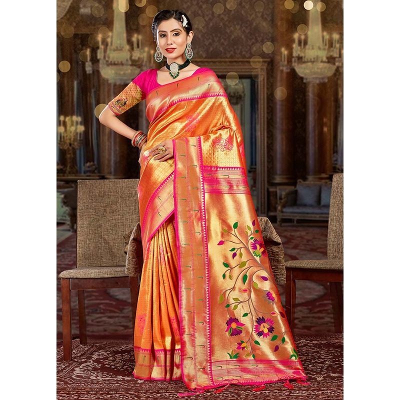 Orange Spun Silk Saree With Blouse Piece - JD986581095