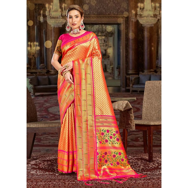 Orange Spun Silk Saree With Blouse Piece - JD986581096