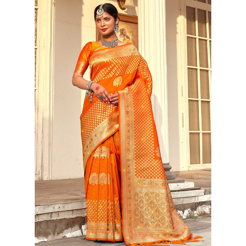 Orange Spun Silk Saree With Blouse Piece - JD986581097