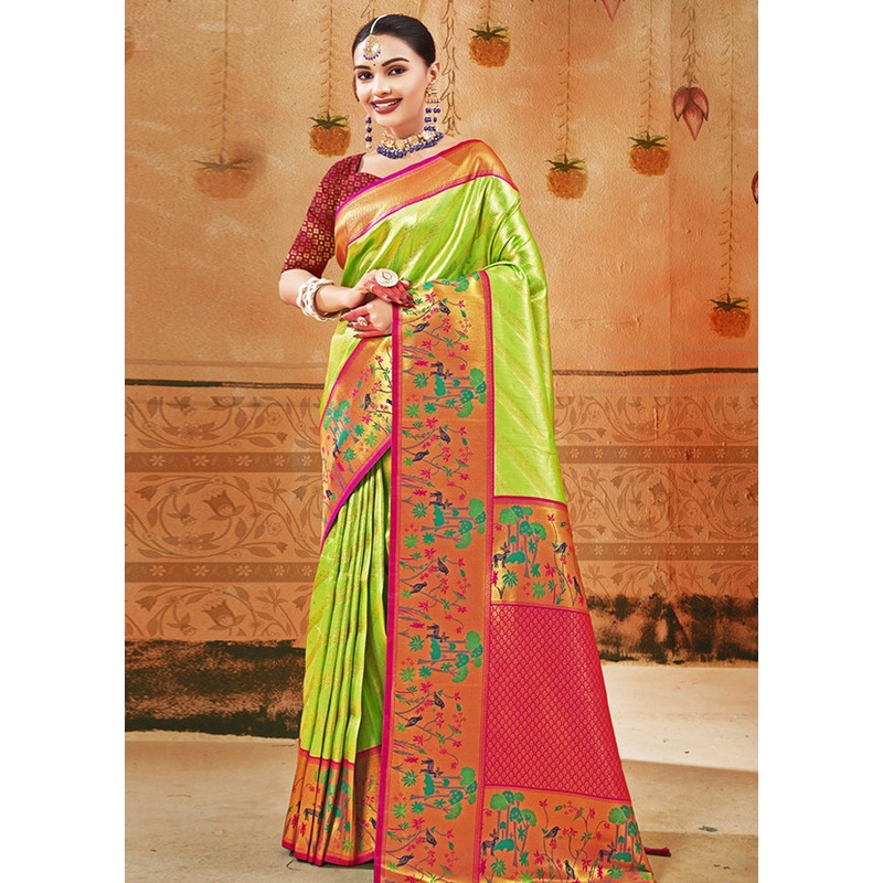 Parrot Green Dupion Silk Saree With Blouse Piece - JD986581100
