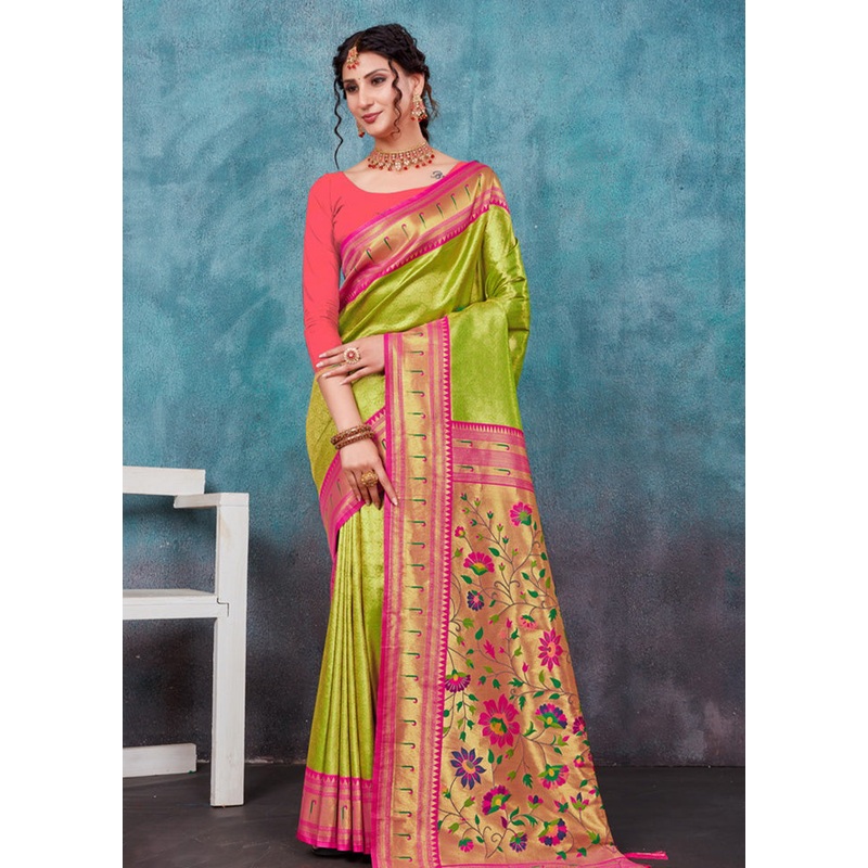 Parrot Green Paithani Silk Saree With Blouse Piece - JD986581101