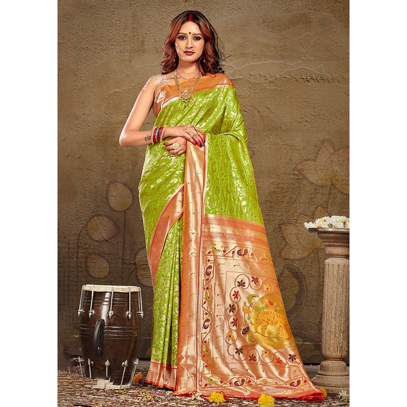 Parrot Green Spun Silk Saree With Blouse Piece - JD986581104