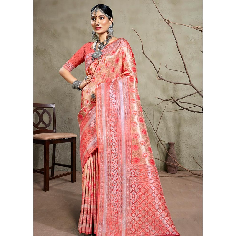 Peach Kanjivaram Silk Saree With Blouse Piece - JD986581110