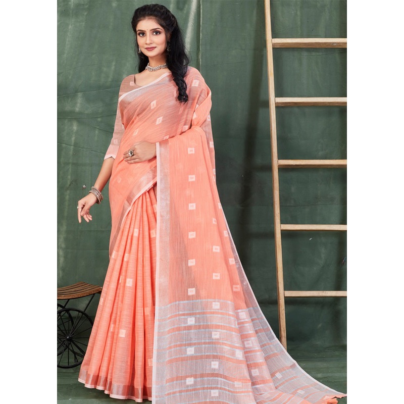 Peach Linen Silk Saree With Blouse Piece - JD986581112