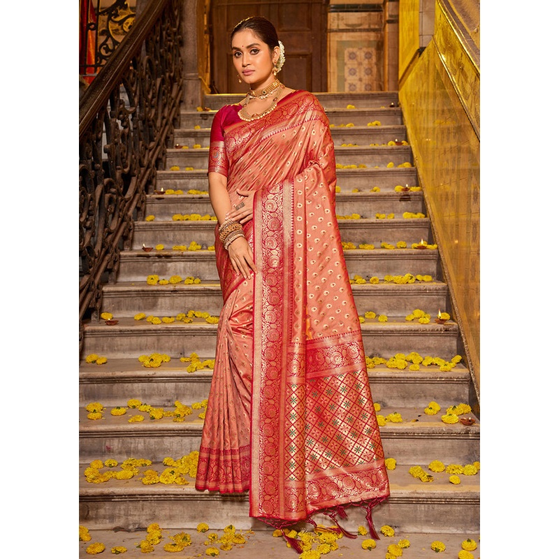 Peach Spun Silk Saree With Blouse Piece - JD986581113