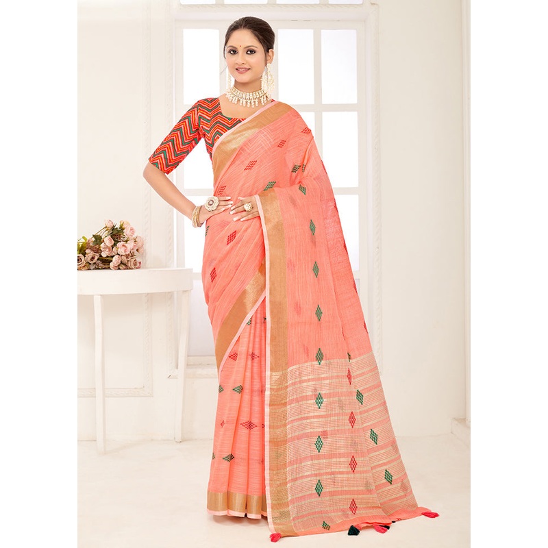 Peach Spun Silk Saree With Blouse Piece - JD986581114