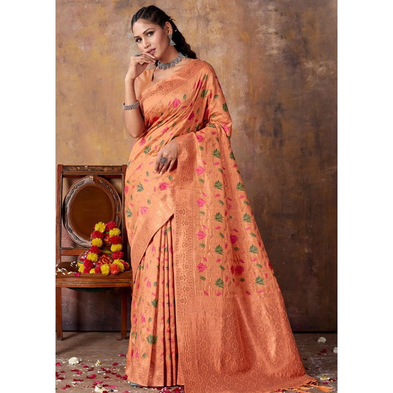 Peach Spun Silk Saree With Blouse Piece - JD986581116