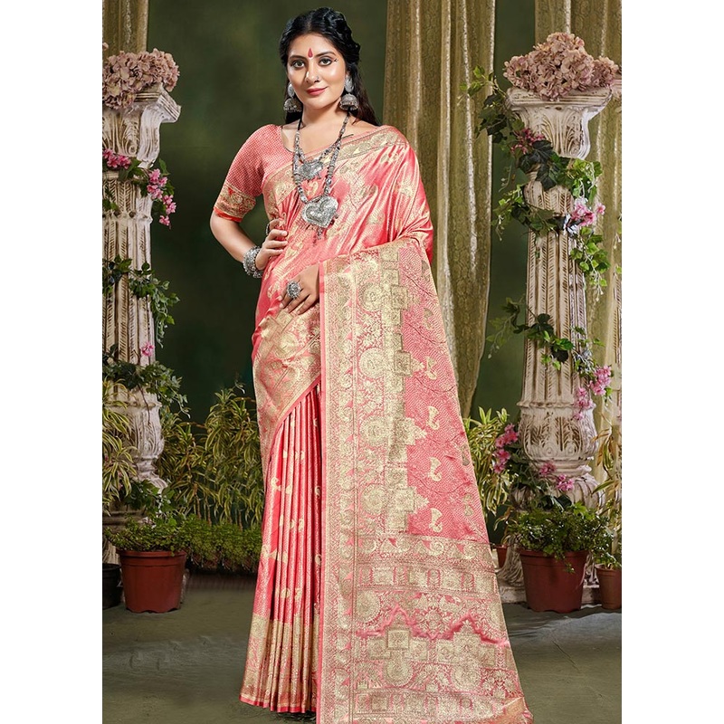 Peach Spun Silk Saree With Blouse Piece - JD986581117