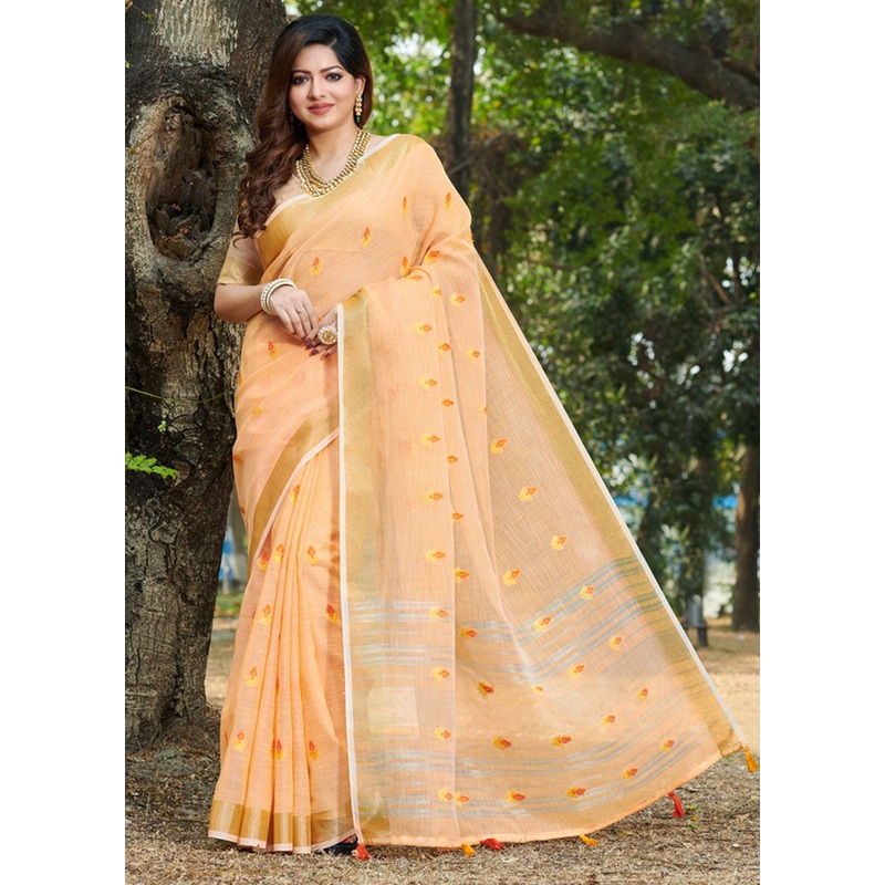 Peach Spun Silk Saree With Blouse Piece - JD986581119