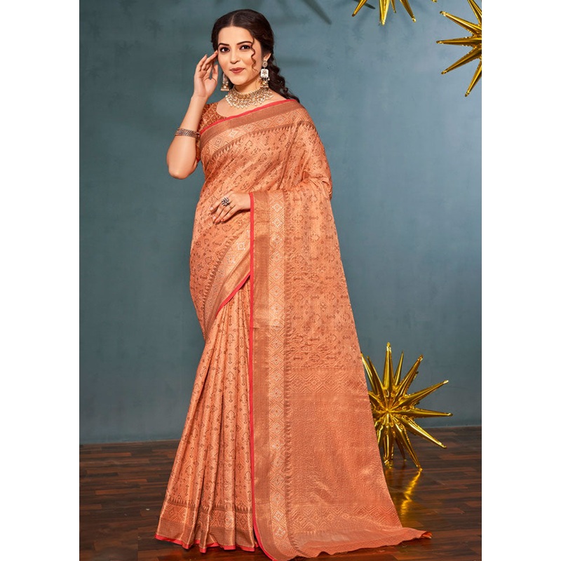 Peach Spun Silk Saree With Blouse Piece - JD986581120