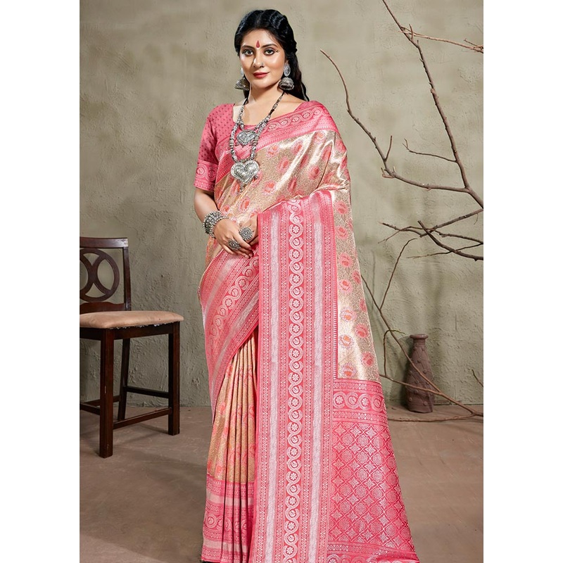 Pink Kanjivaram Silk Saree With Blouse Piece - JD986581129