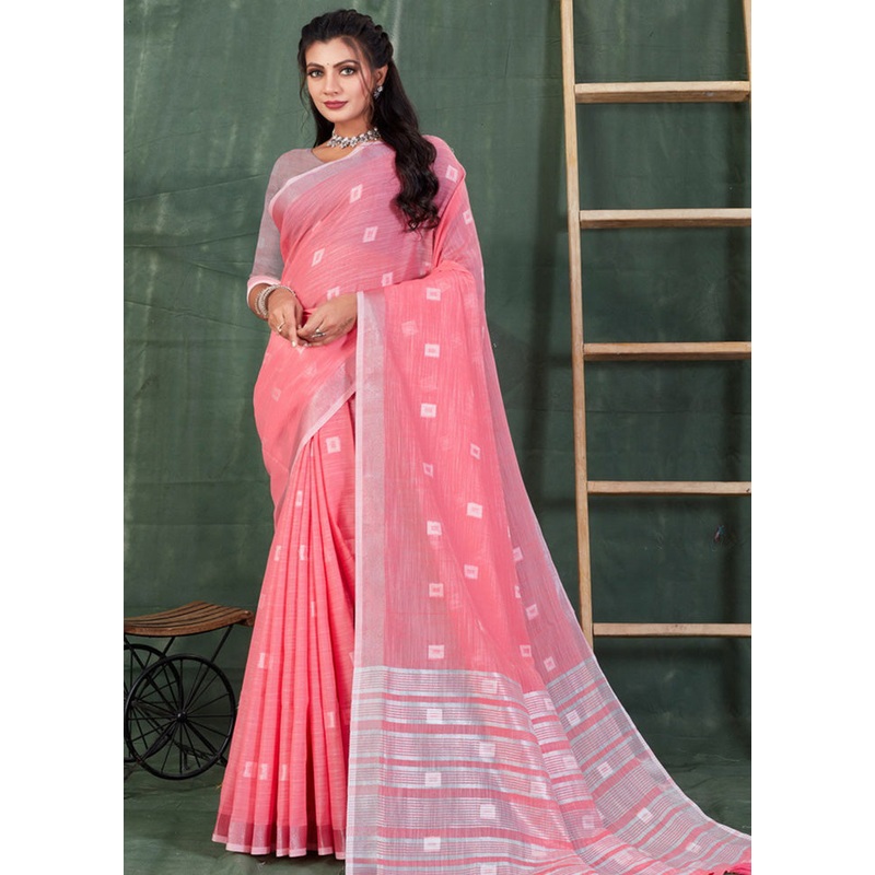 Pink Linen Silk Saree With Blouse Piece - JD986581134