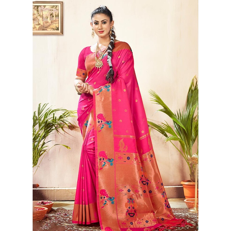 Pink Paithani Silk Saree With Blouse Piece - JD986581135