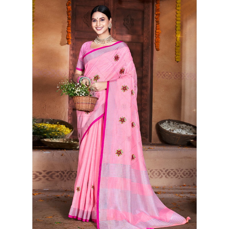 Pink Silk Saree With Blouse Piece - JD986581138