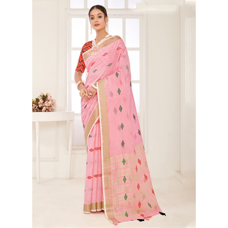 Pink Spun Silk Saree With Blouse Piece - JD986581142