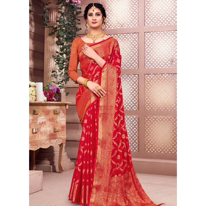 Red Spun Silk Saree With Blouse Piece - JD986581145