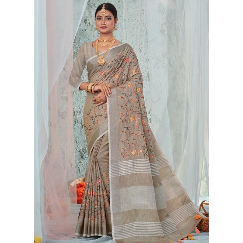 Brown Linen Silk Saree With Blouse Piece - JD986580908