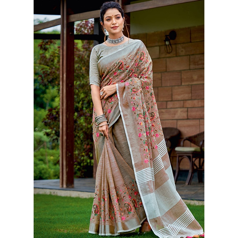 Brown Spun Silk Saree With Blouse Piece - JD986580831
