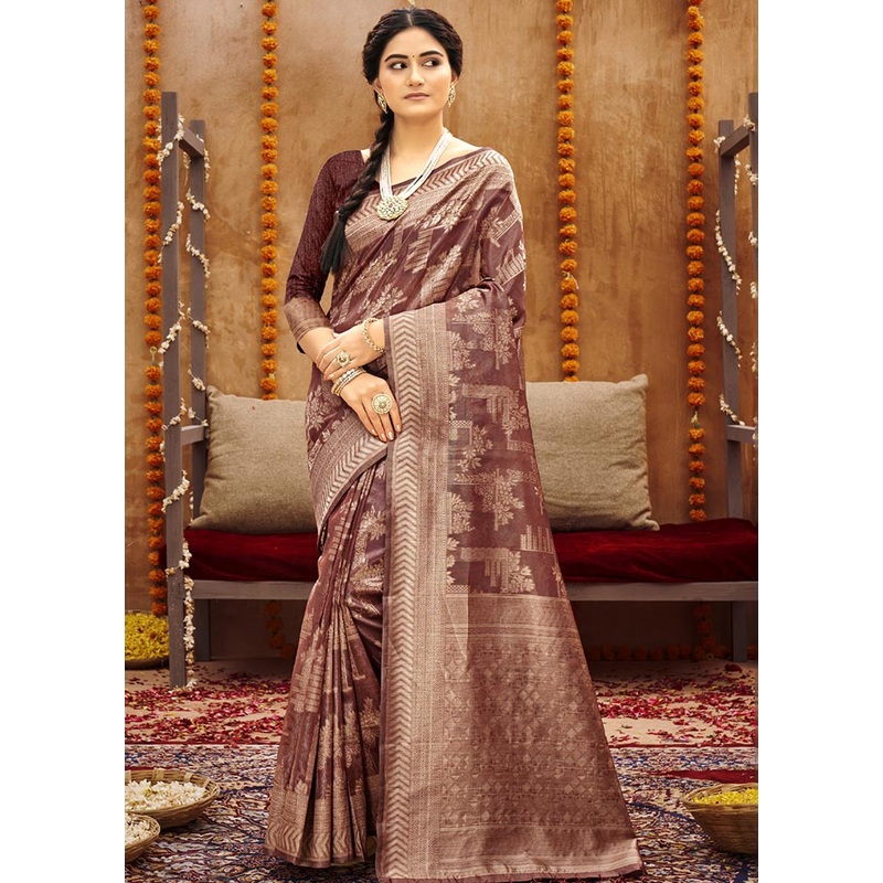 Brown Spun Silk Saree With Blouse Piece - JD986580838