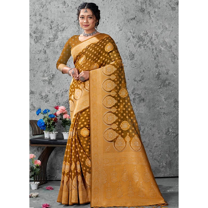 Brownish Green Organza Saree With Blouse Piece - JD986580876