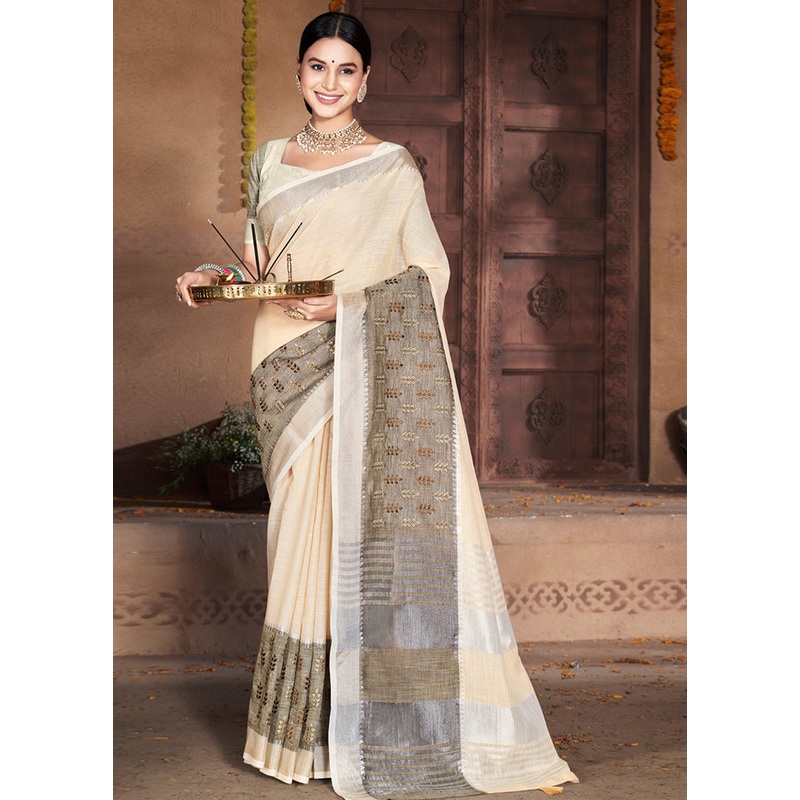 Cream Cotton Saree With Blouse Piece - JD986580912