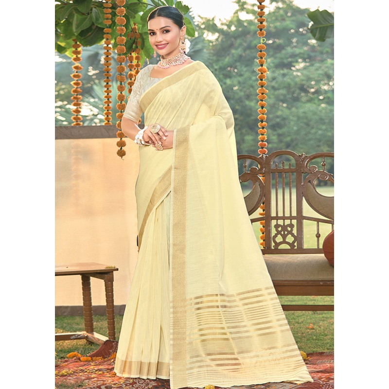 Cream Cotton Saree With Blouse Piece - JD986580914
