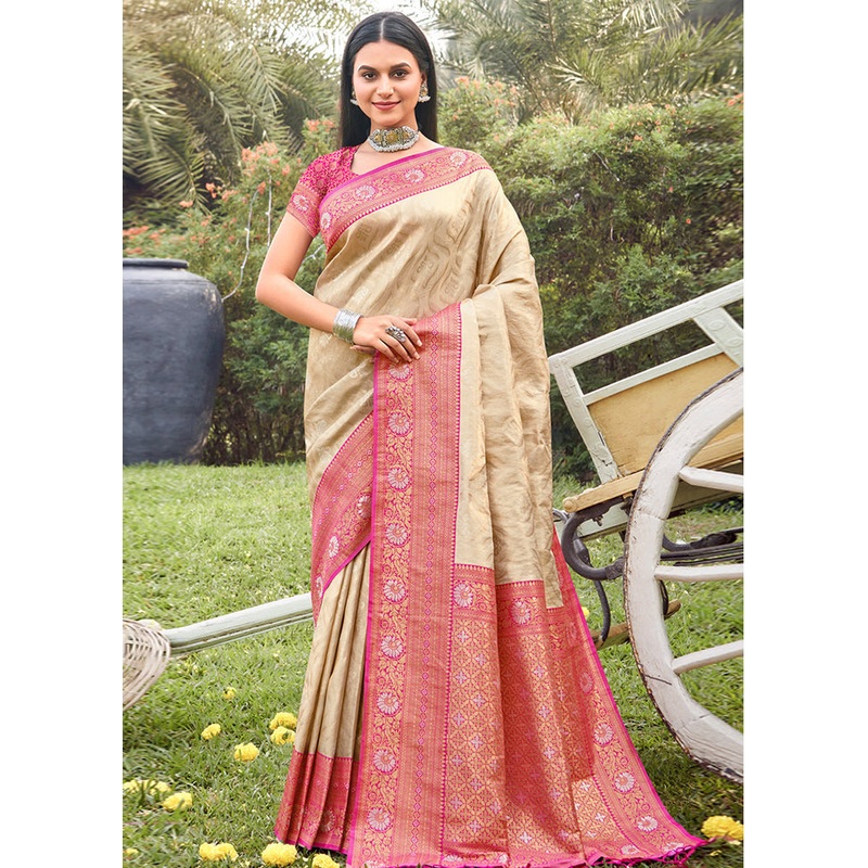 Cream Dupion Silk Saree With Blouse Piece - JD986580913