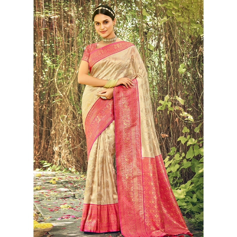 Cream Dupion Silk Saree With Blouse Piece - JD986580915