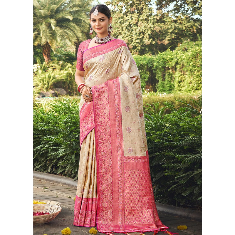 Cream Dupion Silk Saree With Blouse Piece - JD986580917