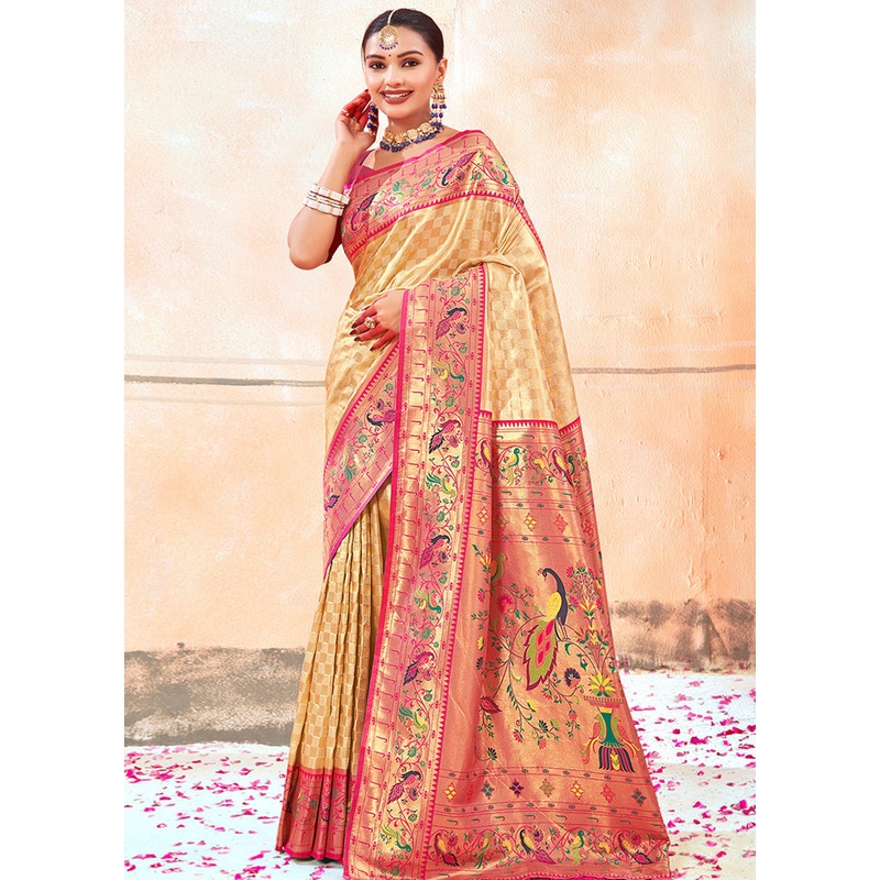 Cream Dupion Silk Saree With Blouse Piece - JD986580918