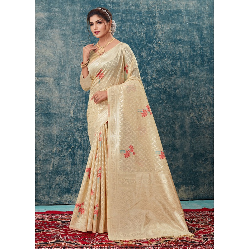 Cream Kota Cotton Saree With Blouse Piece - JD986580920