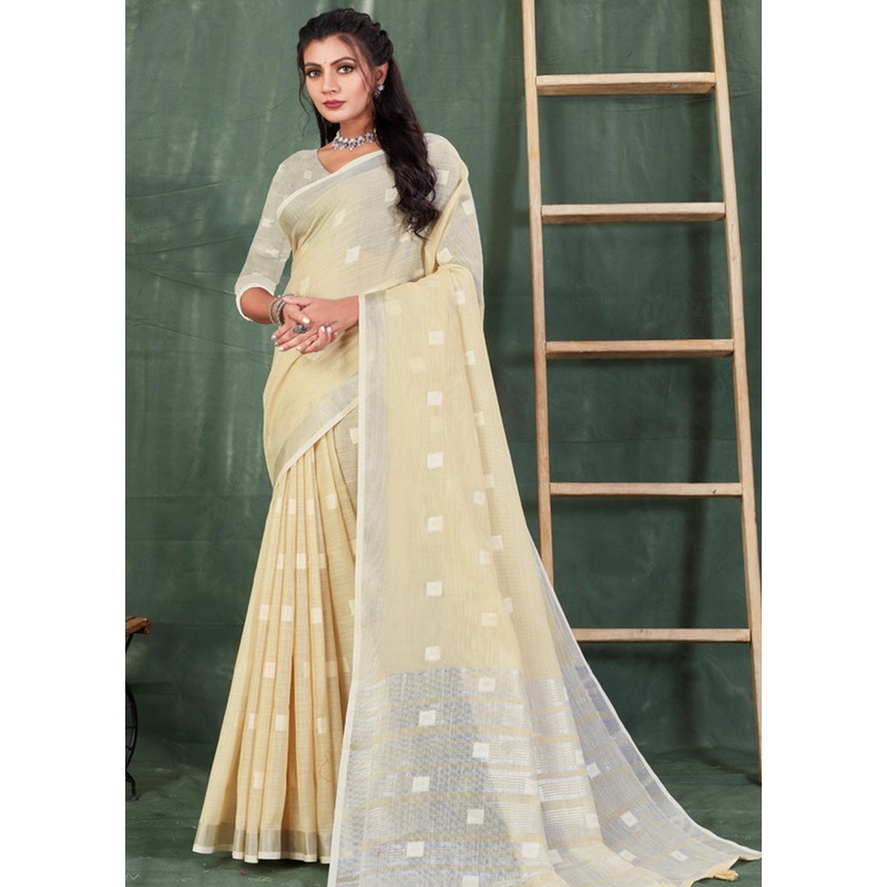 Cream Linen Silk Saree With Blouse Piece - JD986580919