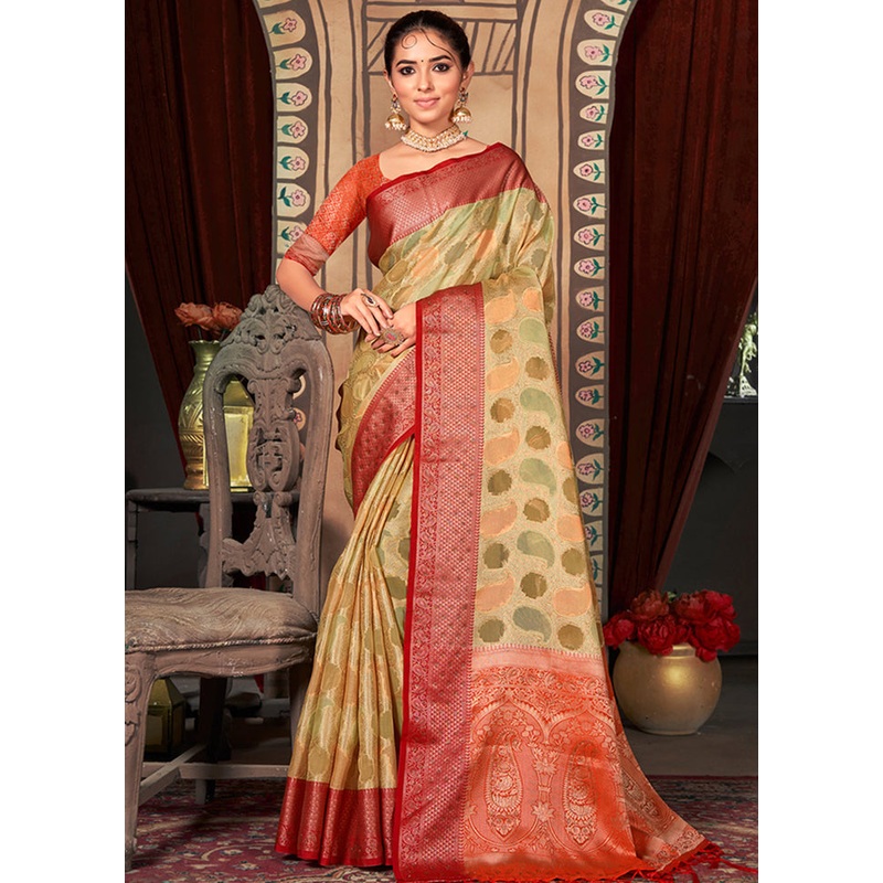 Cream Organza Saree With Blouse Piece - JD986580850