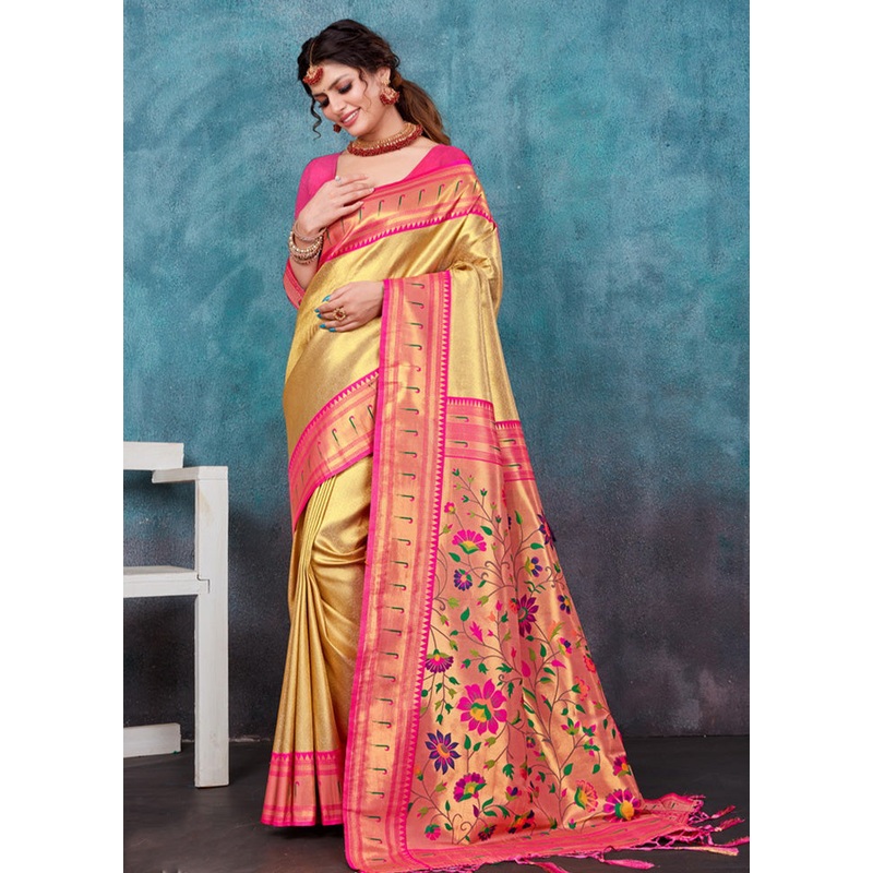Cream Paithani Silk Saree With Blouse Piece - JD986580921