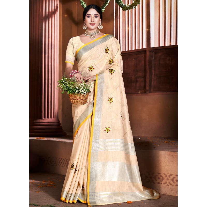 Cream Silk Saree With Blouse Piece - JD986580923