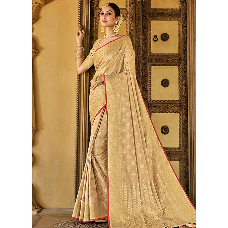Cream Spun Silk Saree With Blouse Piece - JD986580761