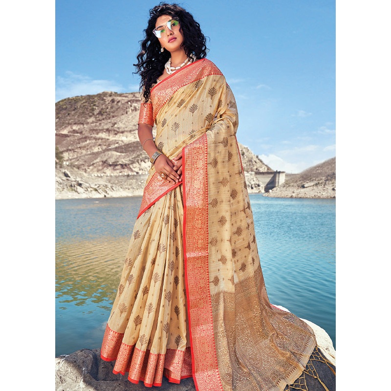 Cream Spun Silk Saree With Blouse Piece - JD986580797