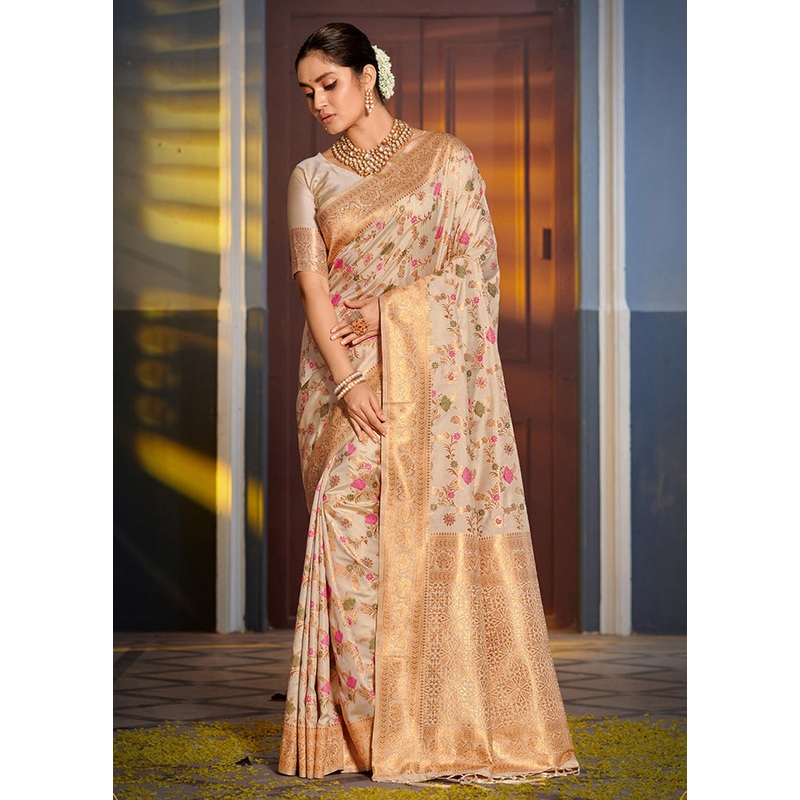 Cream Spun Silk Saree With Blouse Piece - JD986580926