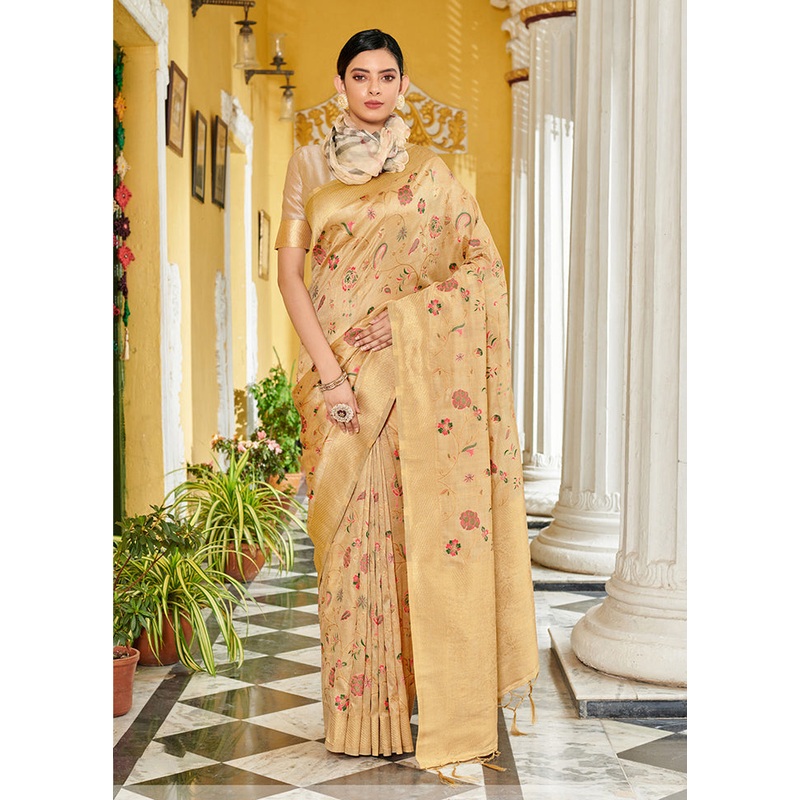 Cream Spun Silk Saree With Blouse Piece - JD986580927